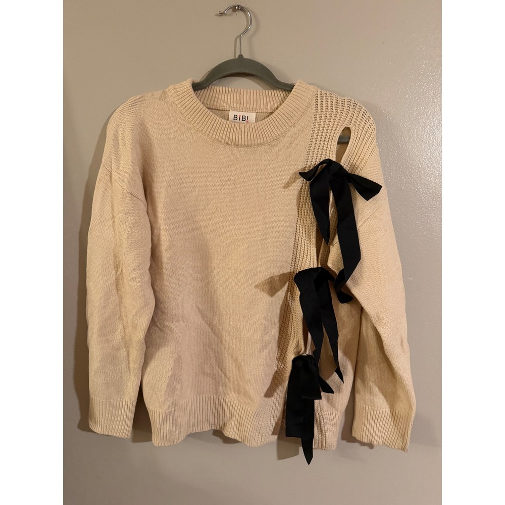 BIBI Cream Knit Bow Accent Open Shoulder Sweater IP4286 Tan Black Medium bows